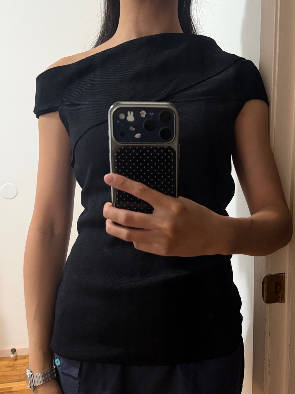 Reiss Black Off-Shoulder Asymmetric Camisole